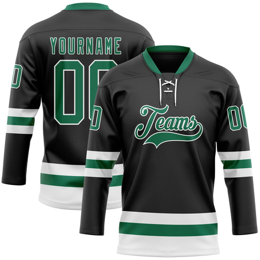 Custom Black Kelly Green-White Hockey Lace Neck Jersey - Main View