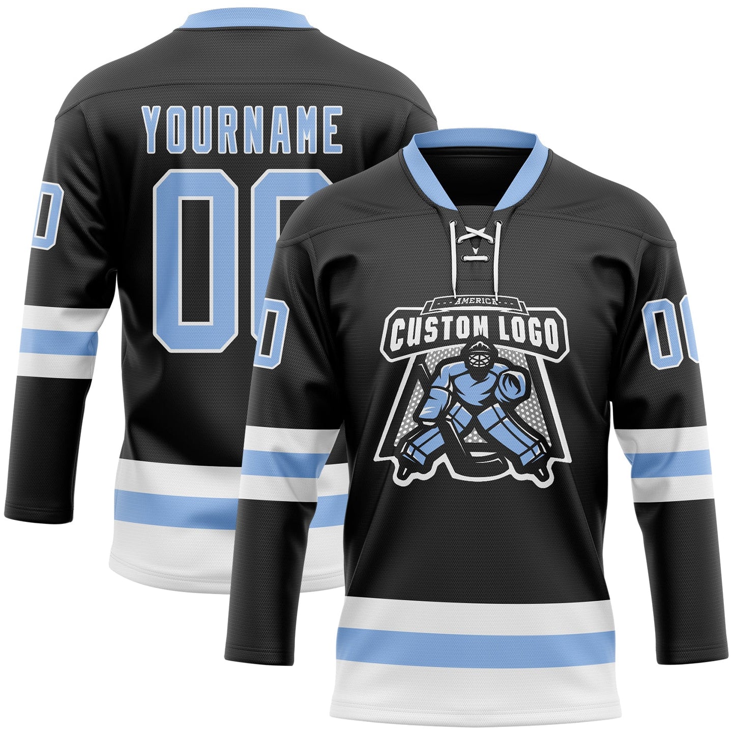Custom Black Light Blue-White Hockey Lace Neck Jersey view 2