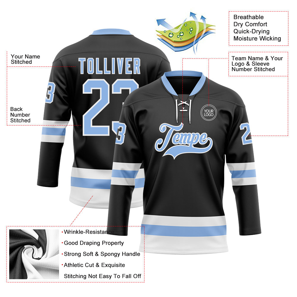 Custom Black Light Blue-White Hockey Lace Neck Jersey view 3