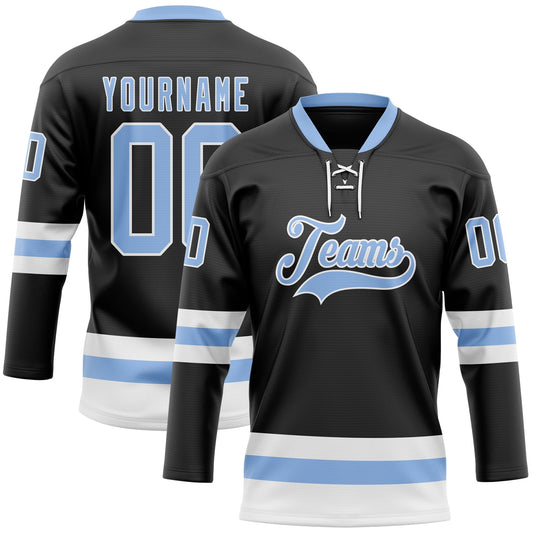 Custom Black Light Blue-White Hockey Lace Neck Jersey - Main View