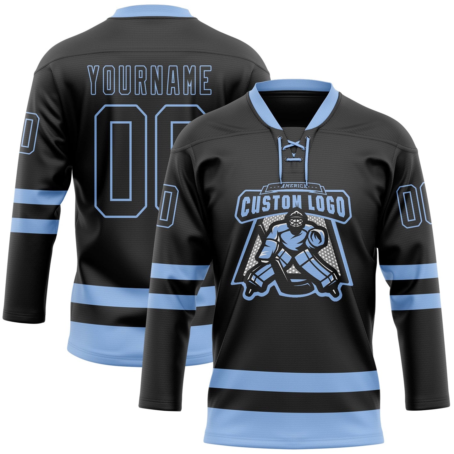 Custom Black Light Blue Hockey Lace Neck Jersey view 2