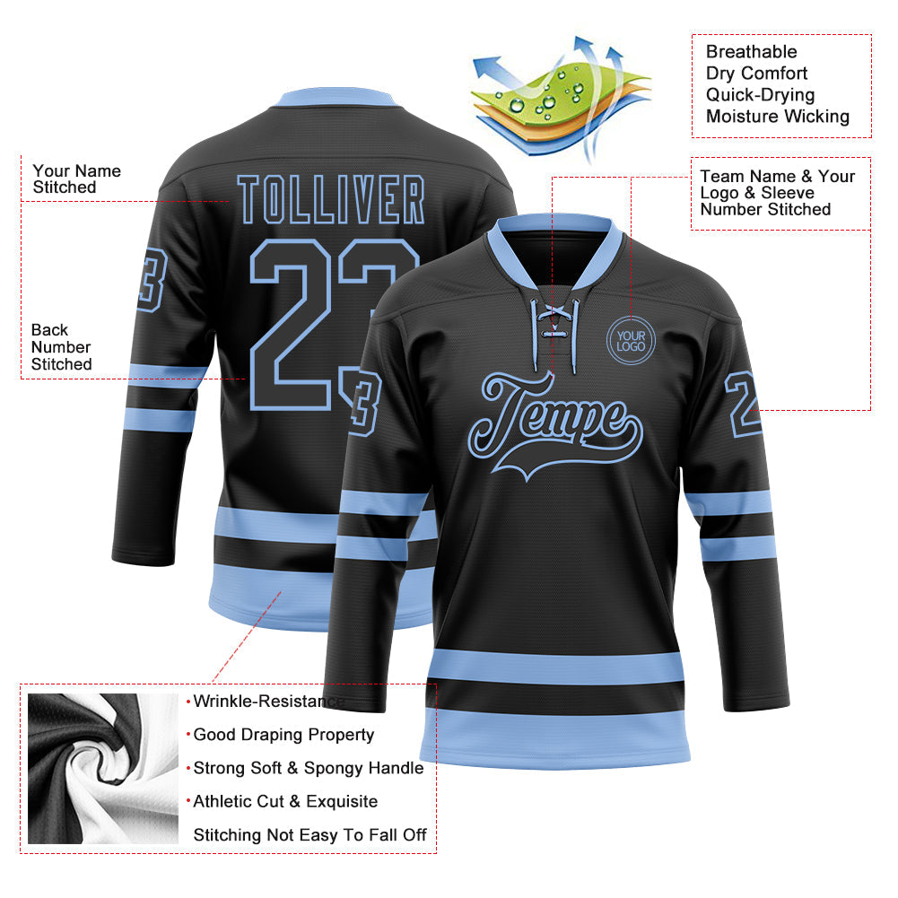 Custom Black Light Blue Hockey Lace Neck Jersey view 3