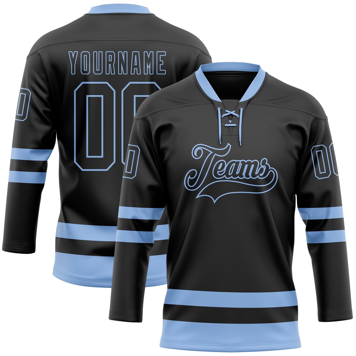 Custom Black Light Blue Hockey Lace Neck Jersey - Main View