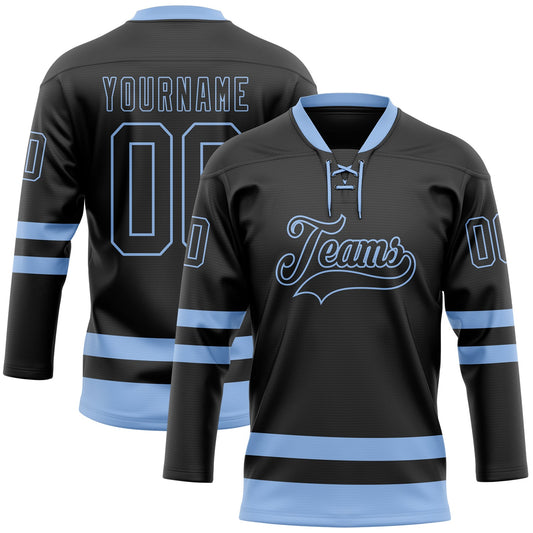 Custom Black Light Blue Hockey Lace Neck Jersey - Main View
