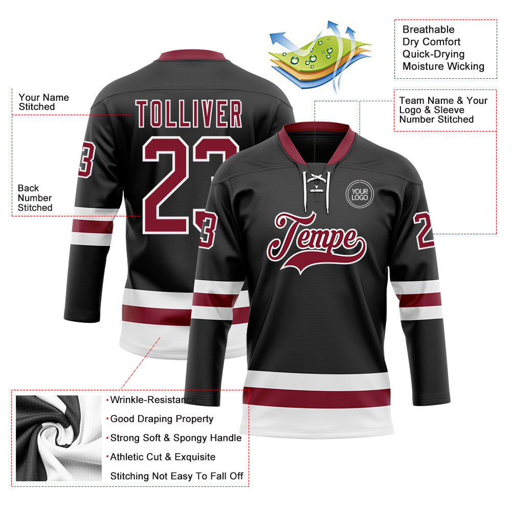 Custom Black Crimson-White Hockey Lace Neck Jersey view 3