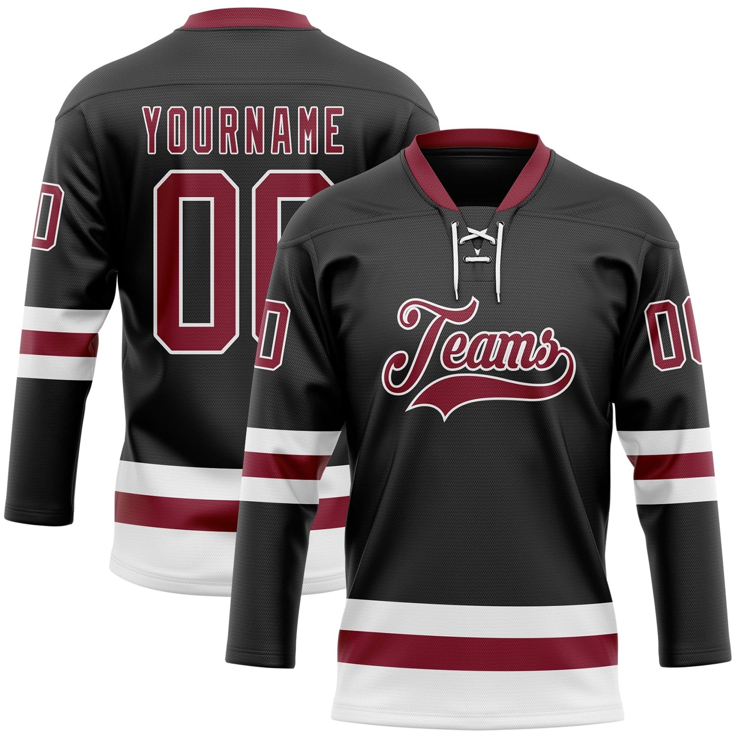 Custom Black Crimson-White Hockey Lace Neck Jersey - Main View