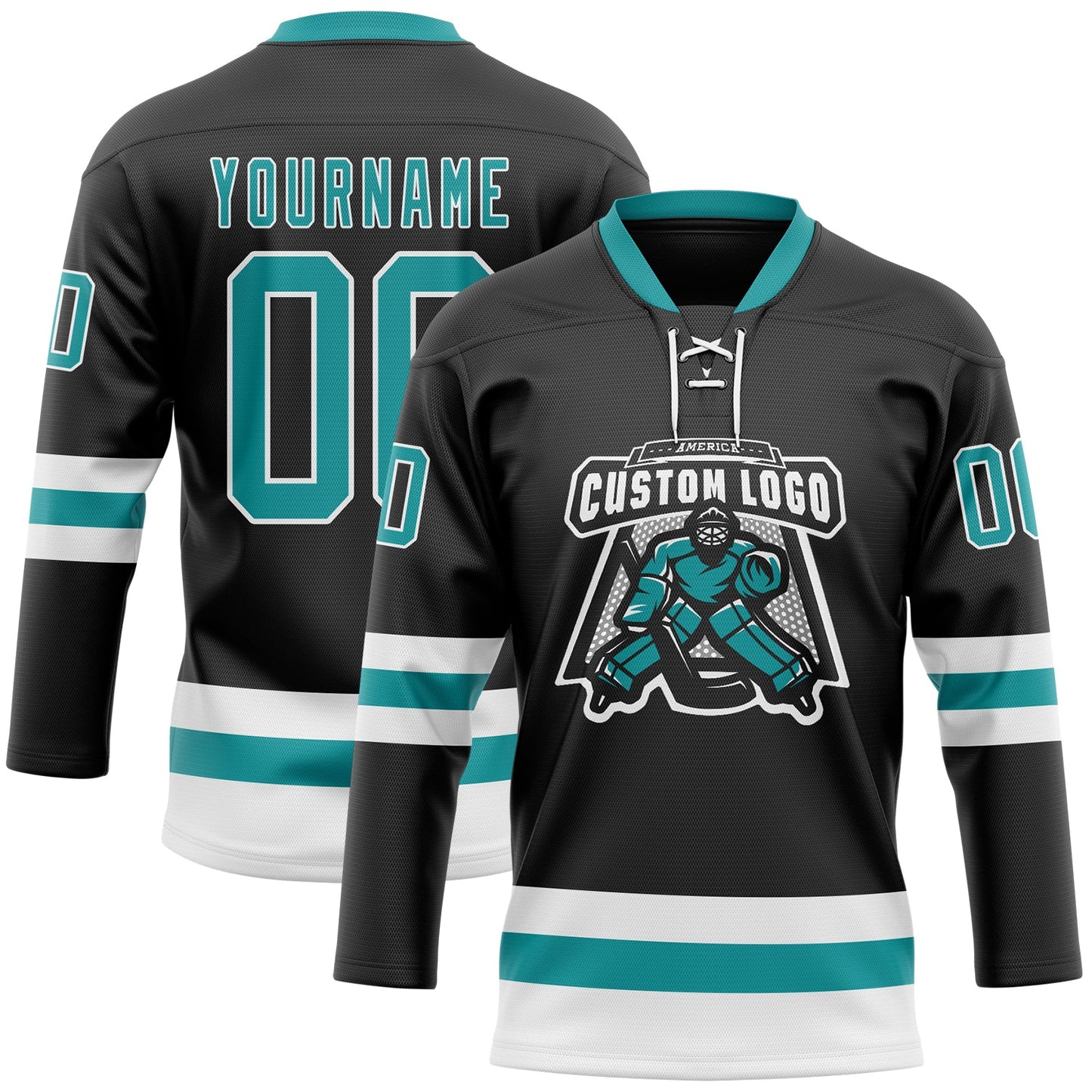 Custom Black Teal-White Hockey Lace Neck Jersey view 2