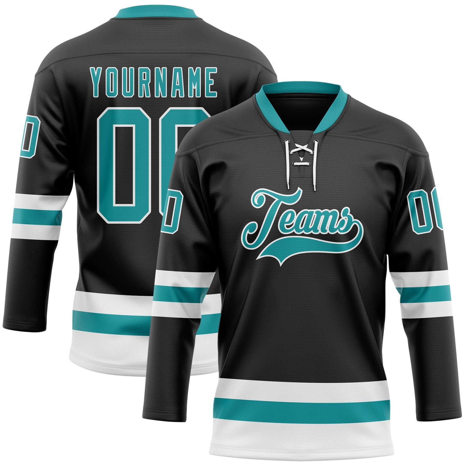 Custom Black Teal-White Hockey Lace Neck Jersey - Main View