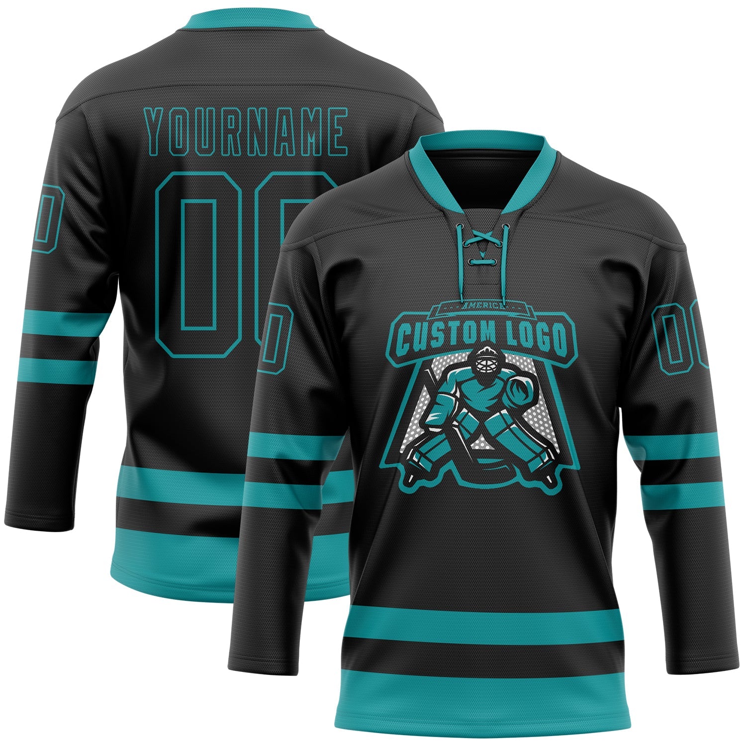 Custom Black Teal Hockey Lace Neck Jersey view 2
