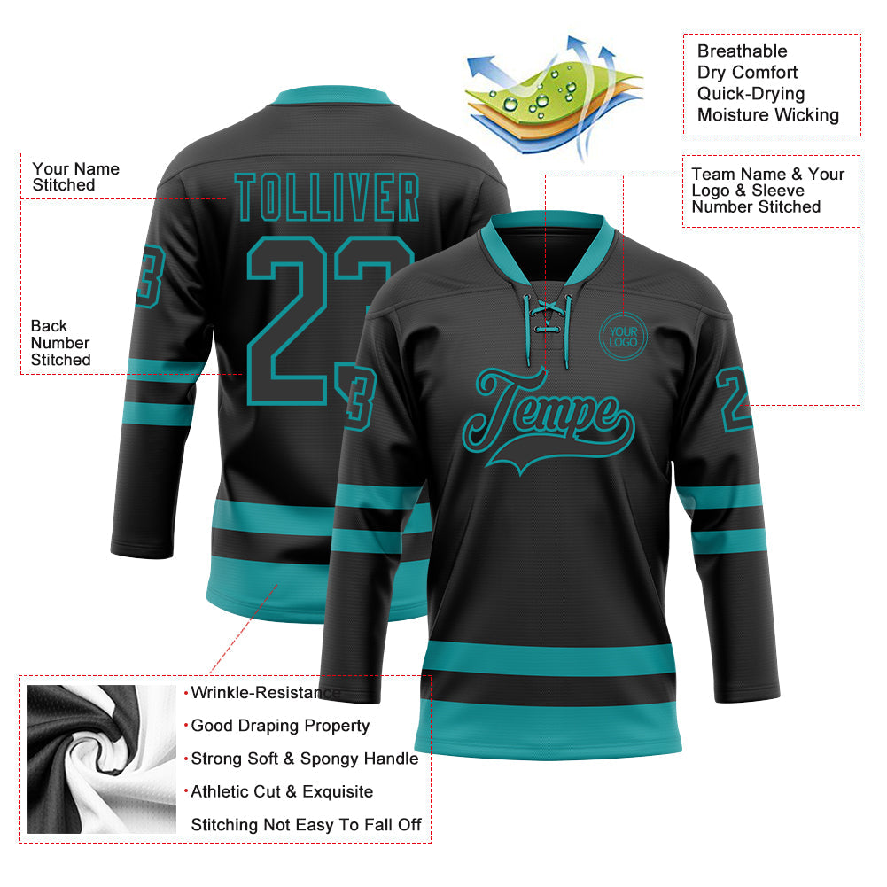 Custom Black Teal Hockey Lace Neck Jersey view 3