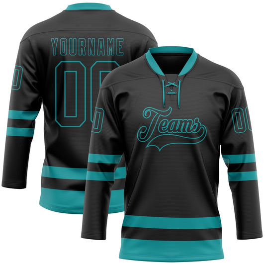 Custom Black Teal Hockey Lace Neck Jersey - Main View