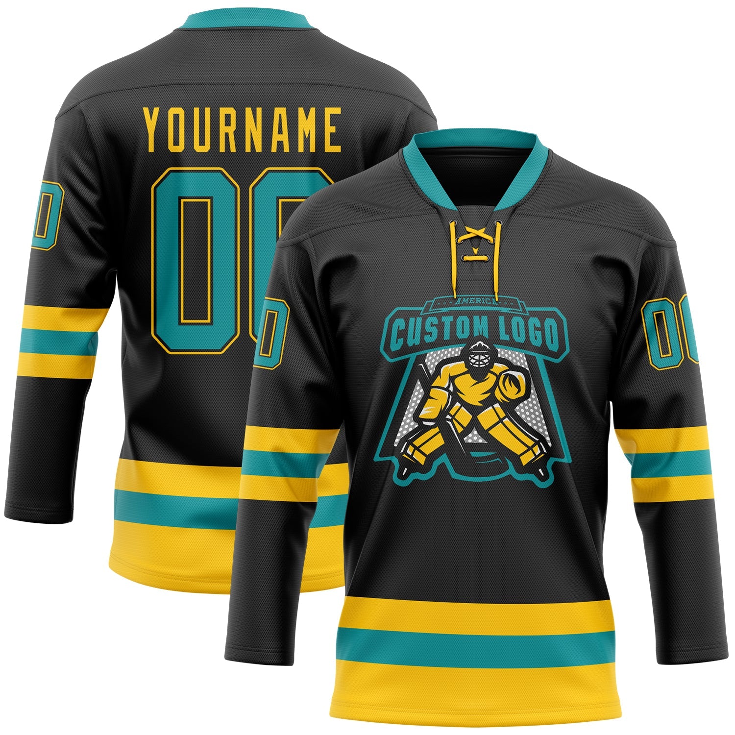 Custom Black Teal-Yellow Hockey Lace Neck Jersey view 2