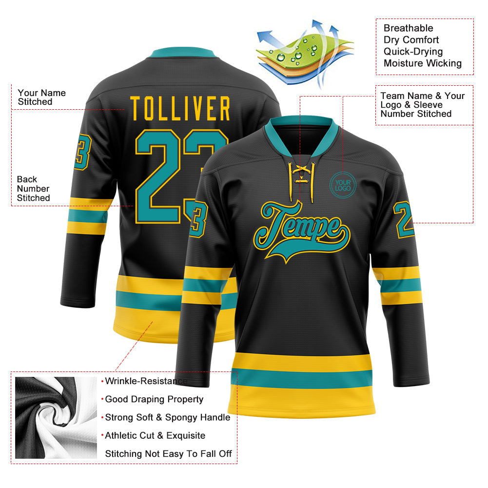 Custom Black Teal-Yellow Hockey Lace Neck Jersey view 3