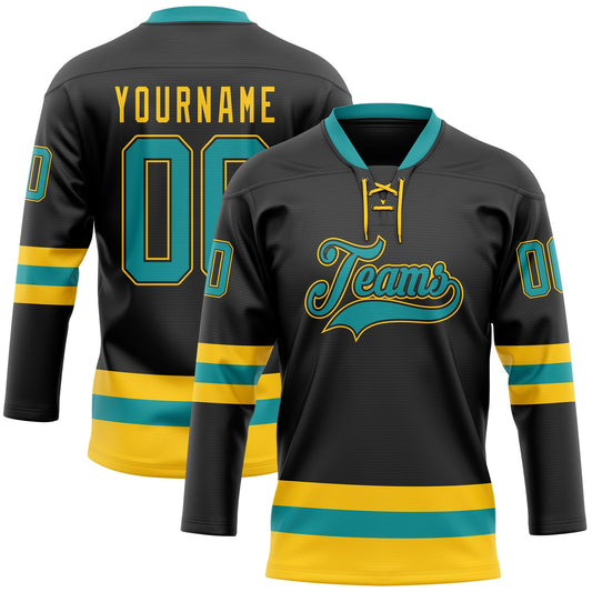Custom Black Teal-Yellow Hockey Lace Neck Jersey - Main View
