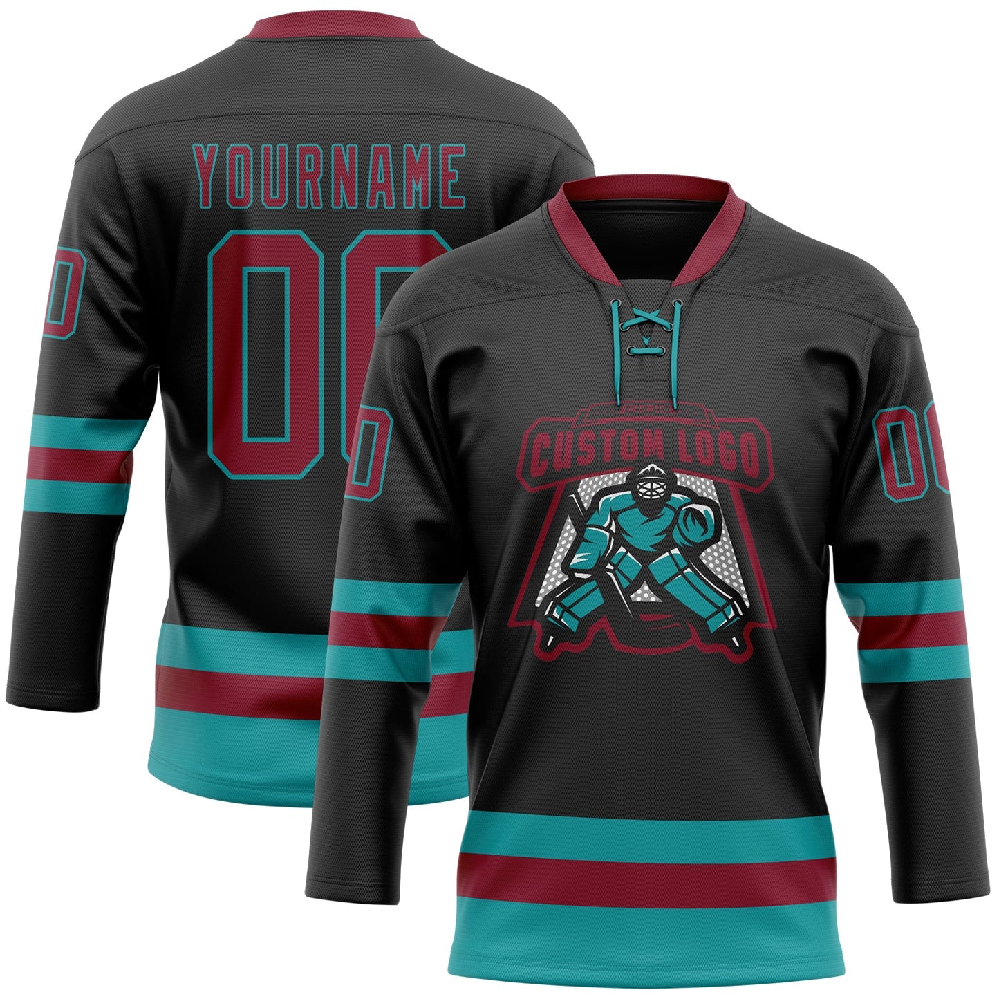 Custom Black Crimson-Teal Hockey Lace Neck Jersey view 2