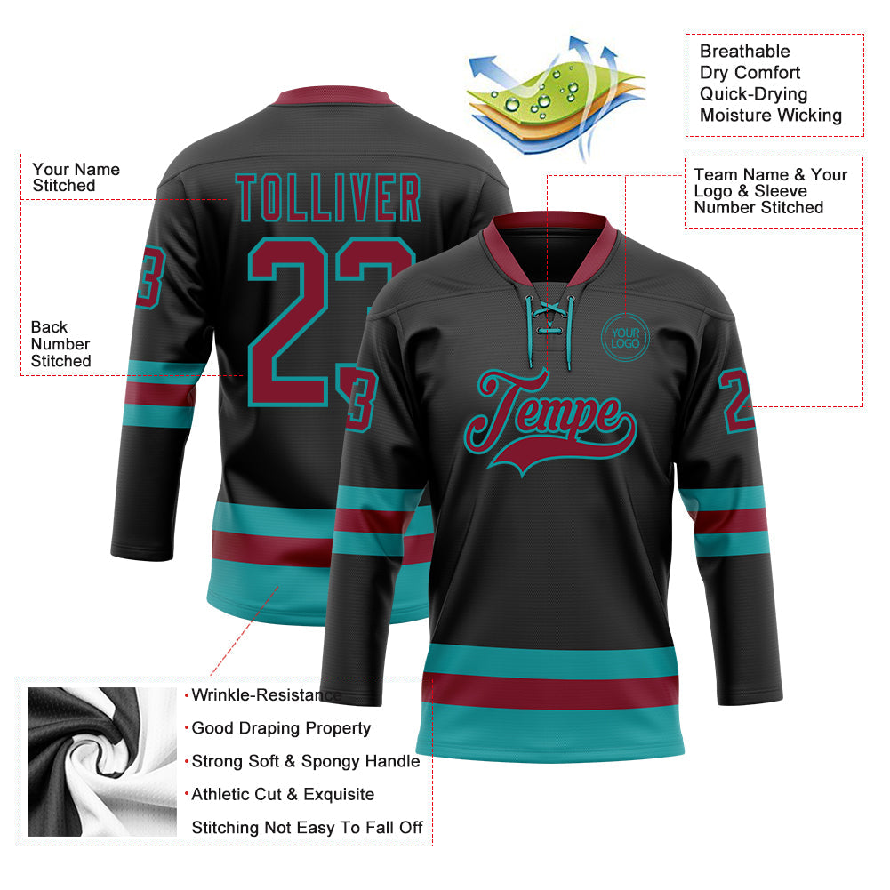 Custom Black Crimson-Teal Hockey Lace Neck Jersey view 3