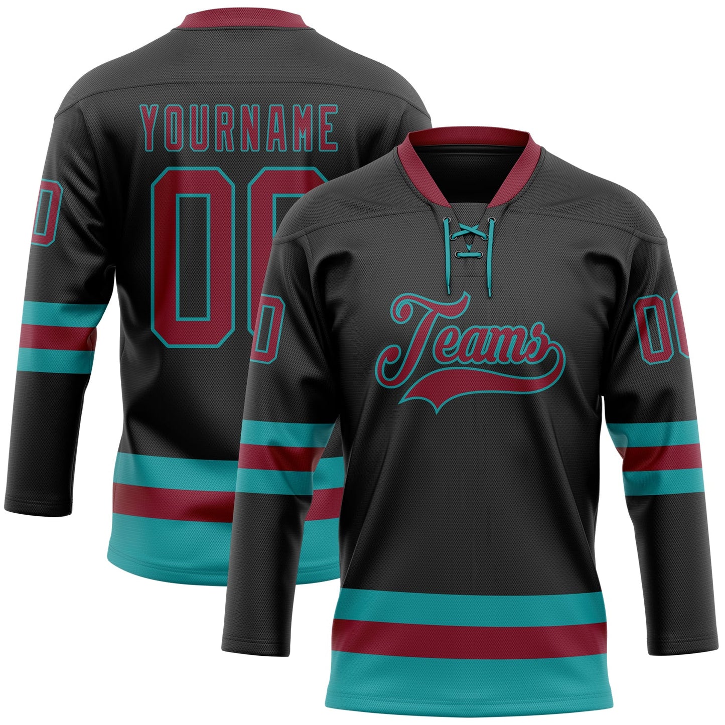 Custom Black Crimson-Teal Hockey Lace Neck Jersey - Main View