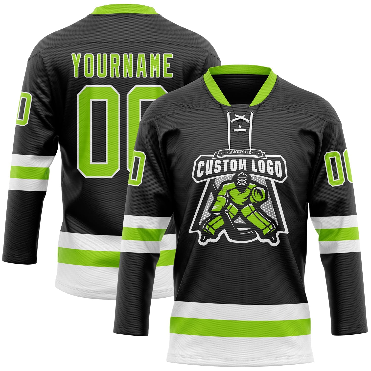 Custom Black Neon Green-White Hockey Lace Neck Jersey view 2