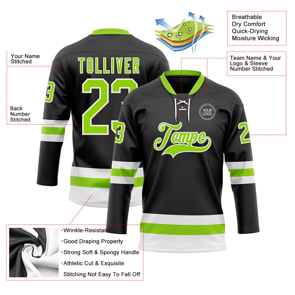 Custom Black Neon Green-White Hockey Lace Neck Jersey view 3