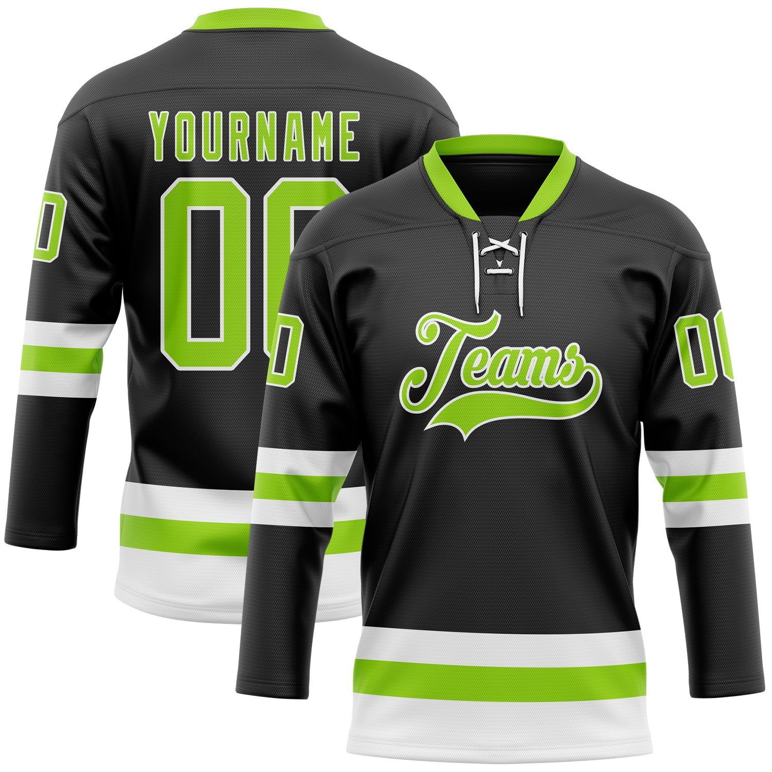 Custom Black Neon Green-White Hockey Lace Neck Jersey - Main View