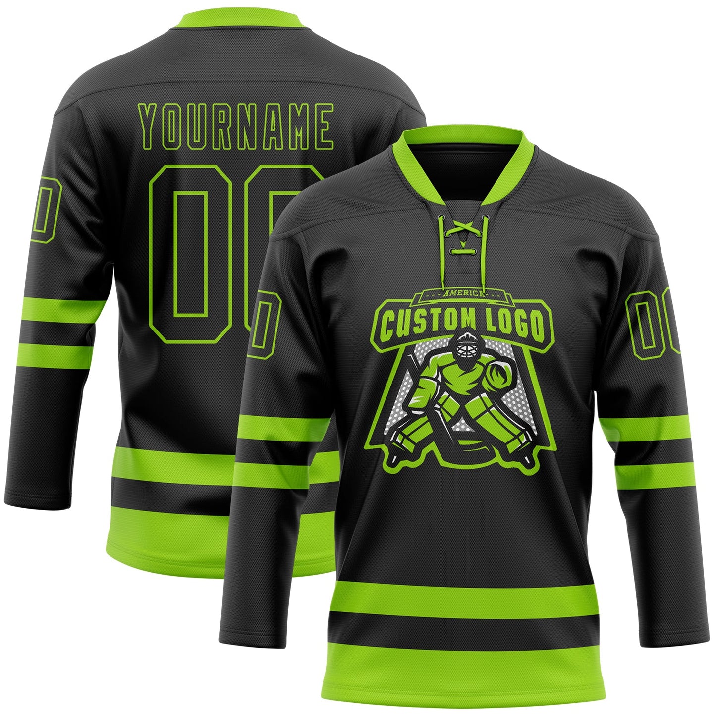 Custom Black Neon Green Hockey Lace Neck Jersey view 2