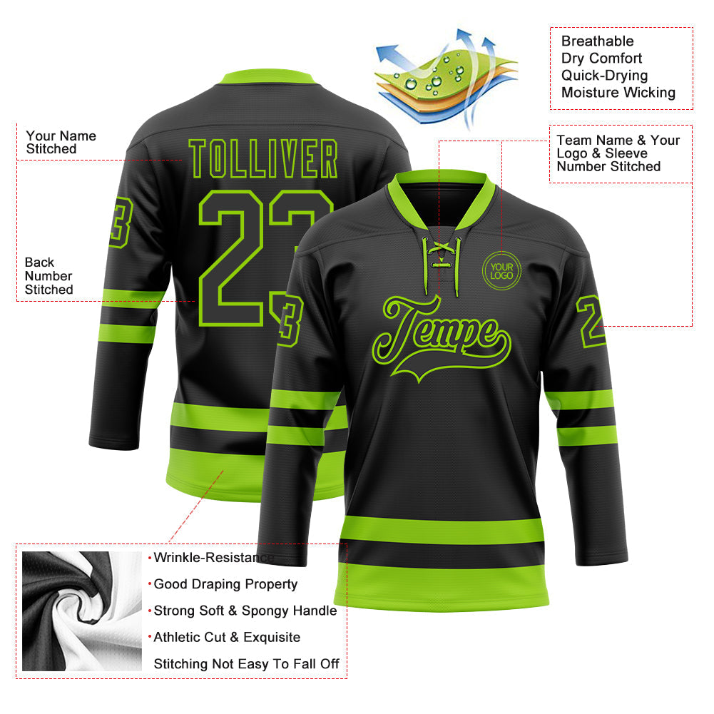 Custom Black Neon Green Hockey Lace Neck Jersey view 3