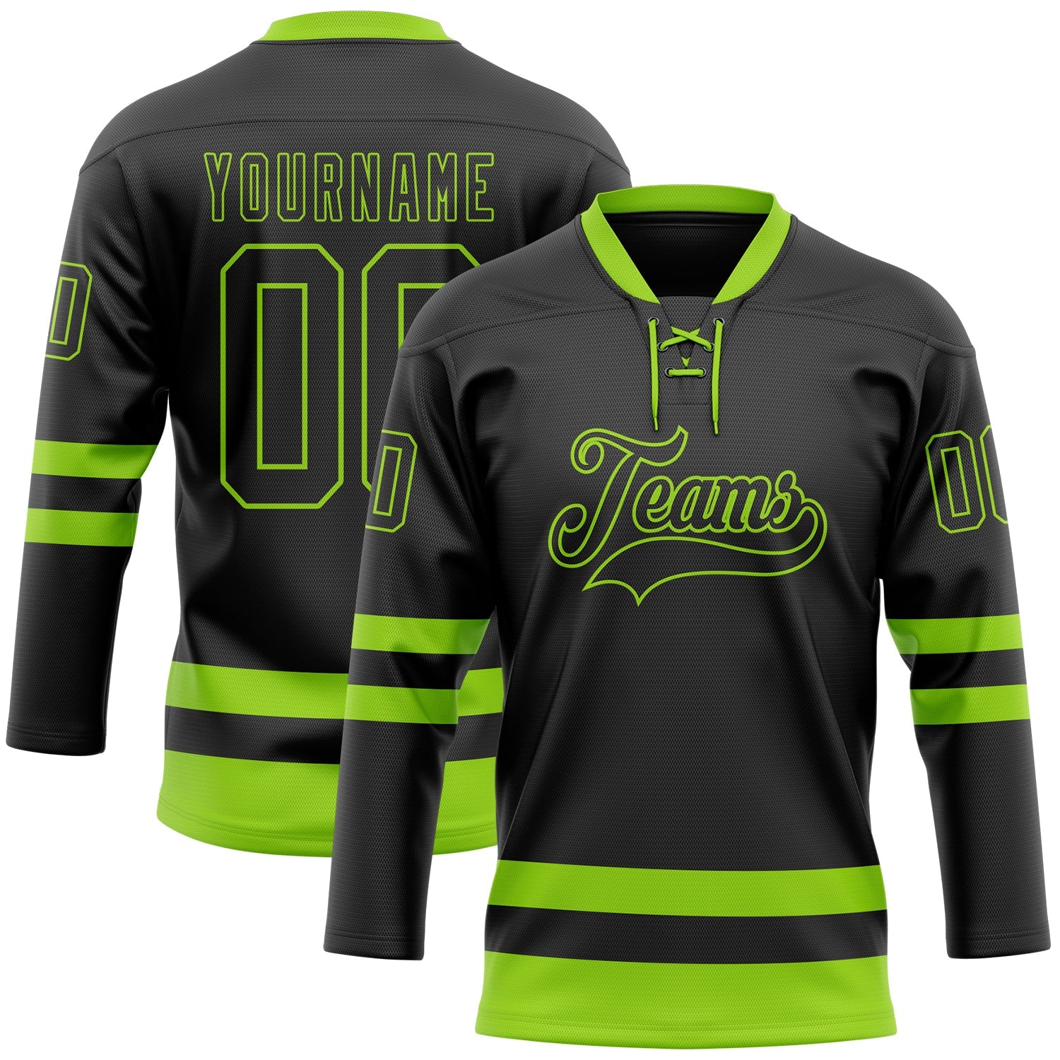 Custom Black Neon Green Hockey Lace Neck Jersey - Main View