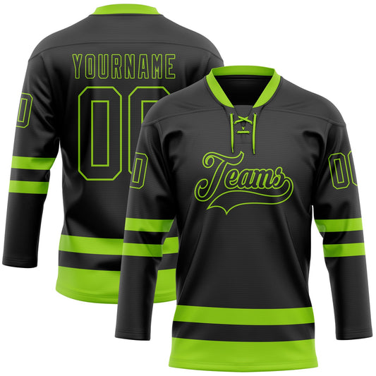 Custom Black Neon Green Hockey Lace Neck Jersey - Main View