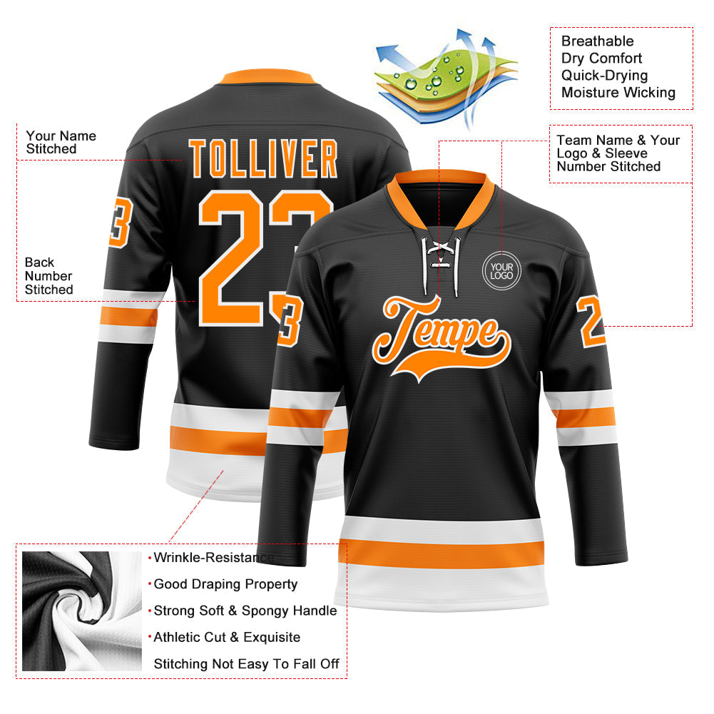 Custom Black Bay Orange-White Hockey Lace Neck Jersey view 3