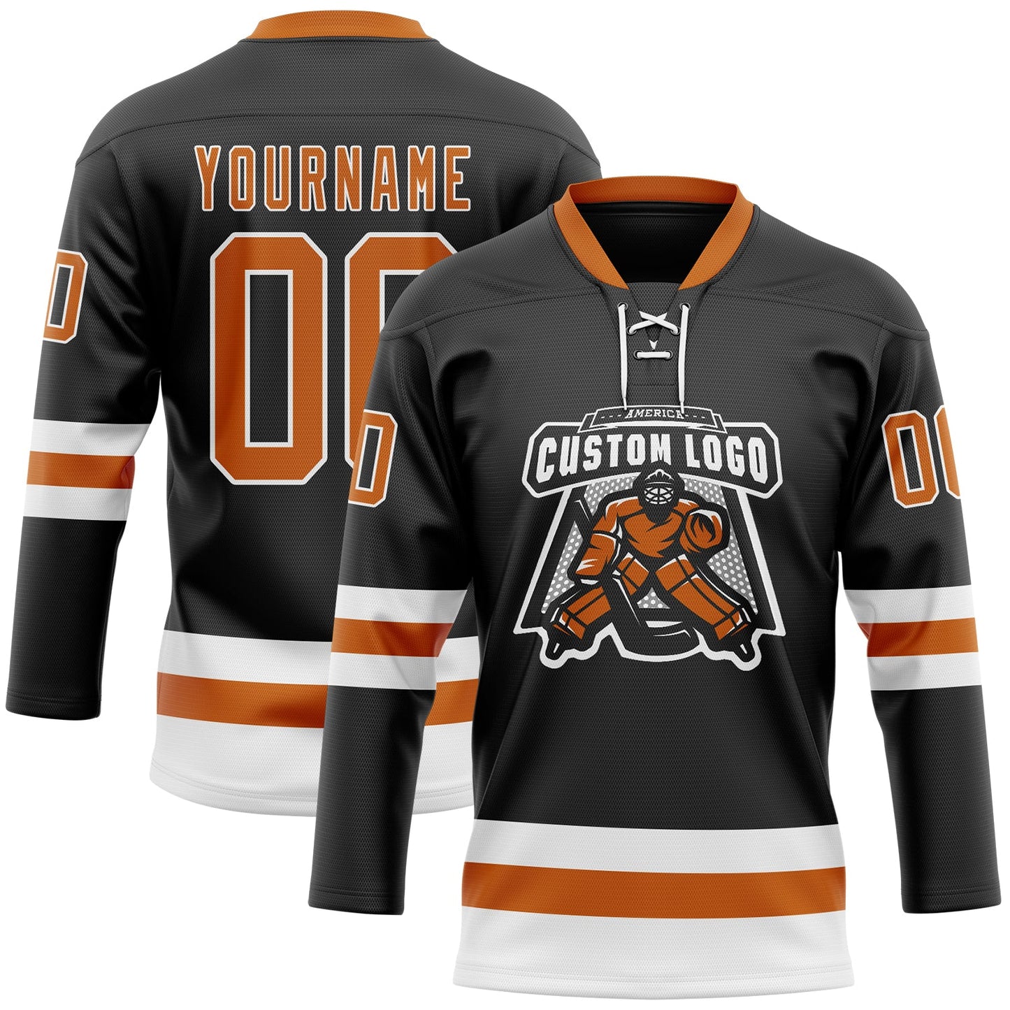 Custom Black Texas Orange-White Hockey Lace Neck Jersey view 2