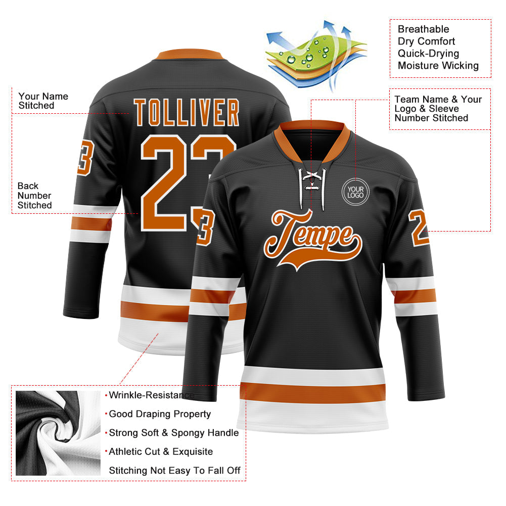 Custom Black Texas Orange-White Hockey Lace Neck Jersey view 3
