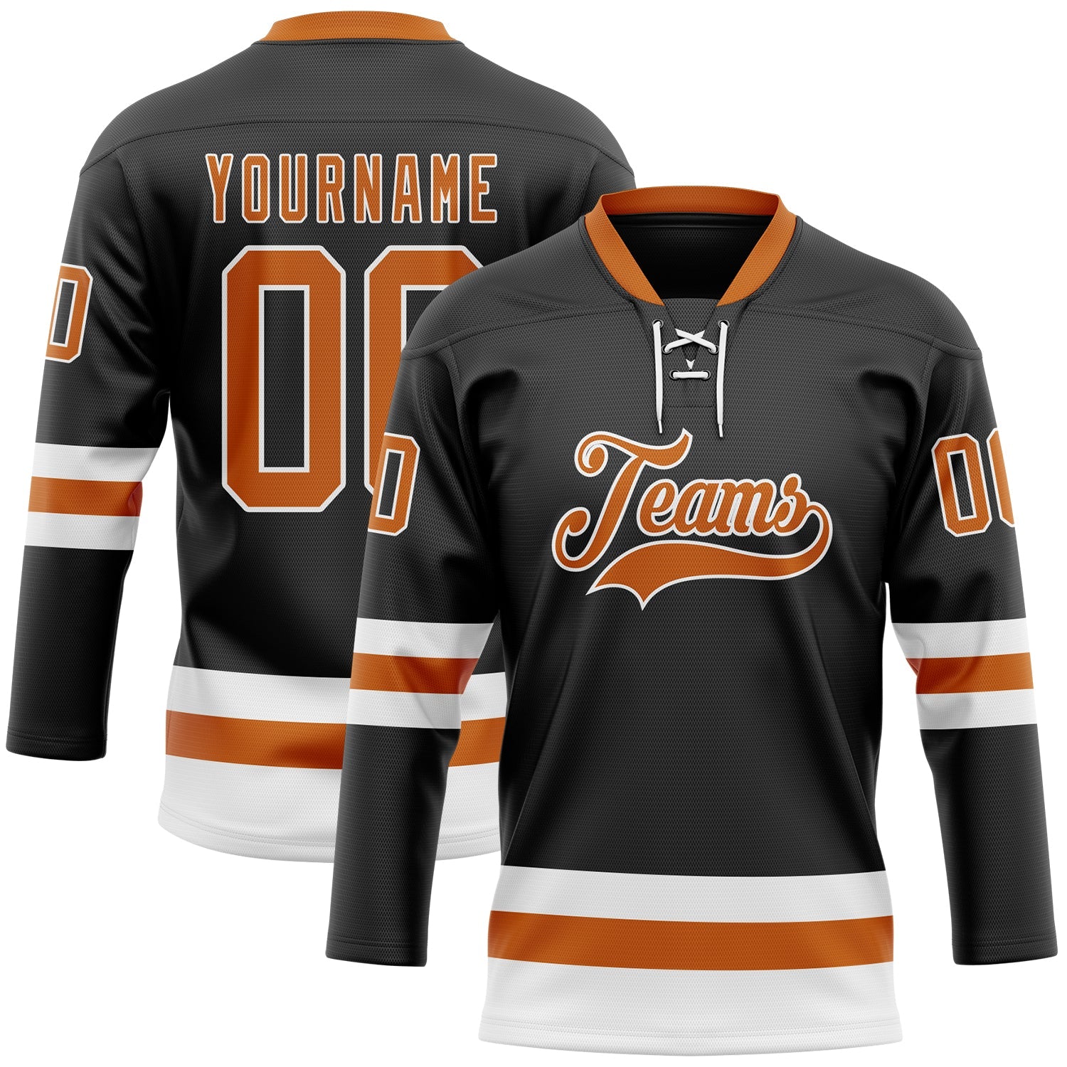 Custom Black Texas Orange-White Hockey Lace Neck Jersey - Main View