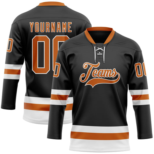 Custom Black Texas Orange-White Hockey Lace Neck Jersey - Main View