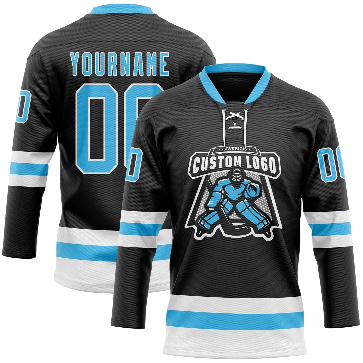 Custom Black Sky Blue-White Hockey Lace Neck Jersey view 2