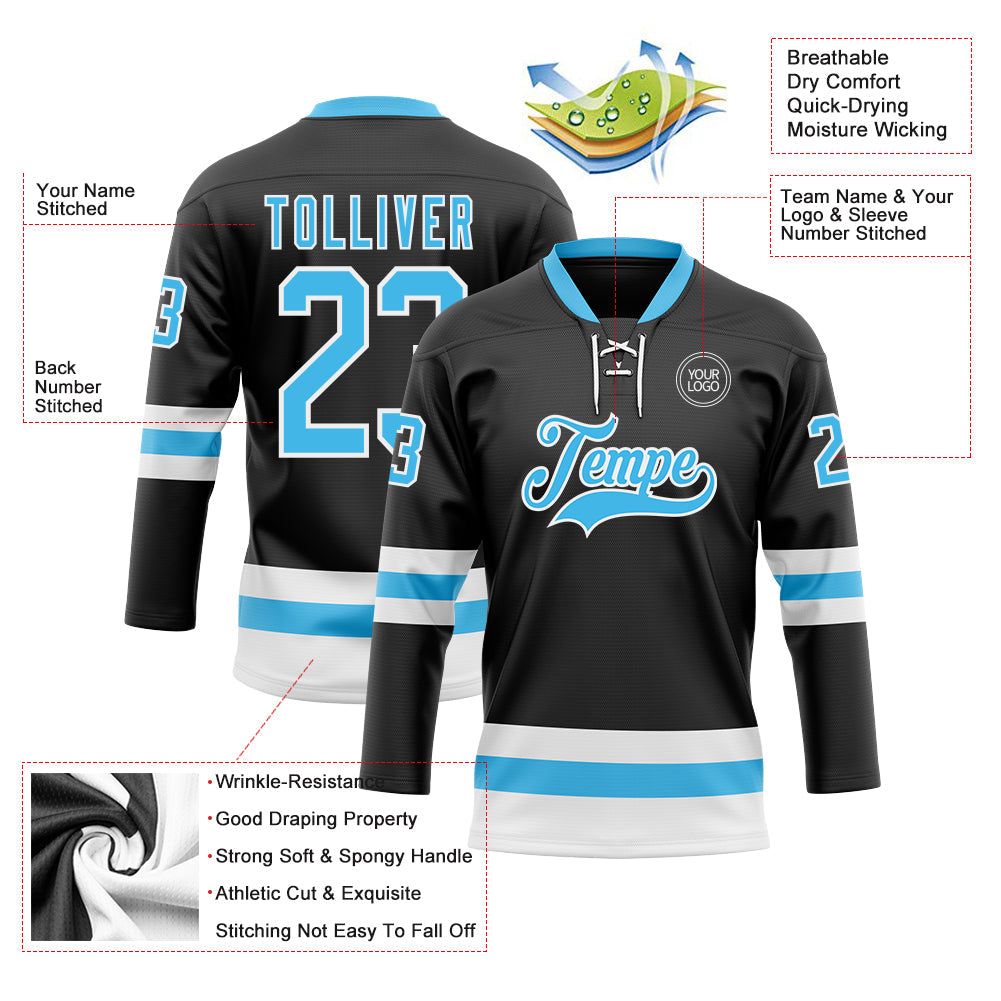 Custom Black Sky Blue-White Hockey Lace Neck Jersey view 3