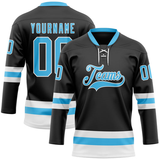 Custom Black Sky Blue-White Hockey Lace Neck Jersey - Main View
