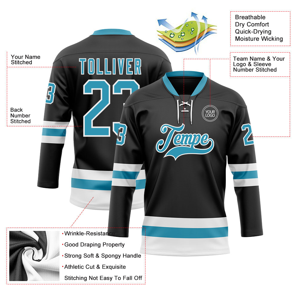 Custom Black Panther Blue-White Hockey Lace Neck Jersey view 3