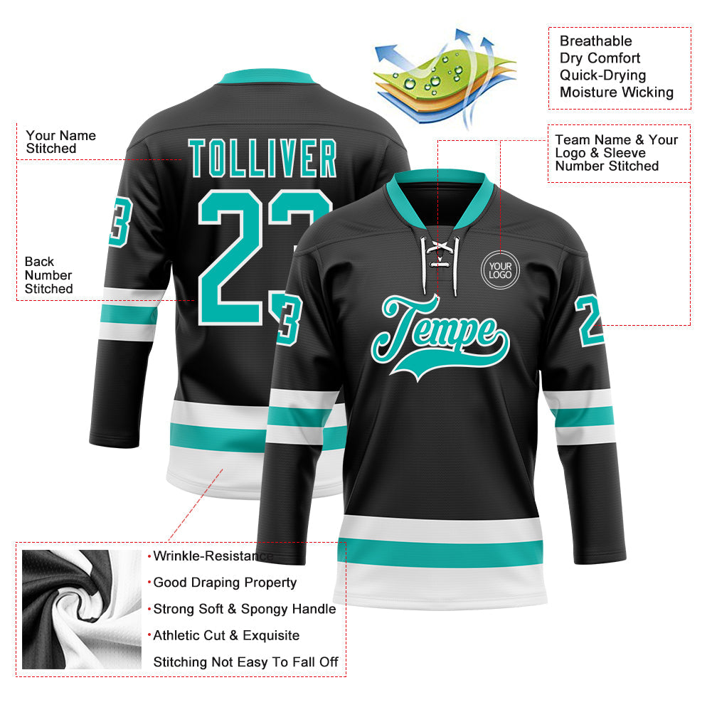 Custom Black Aqua-White Hockey Lace Neck Jersey view 3