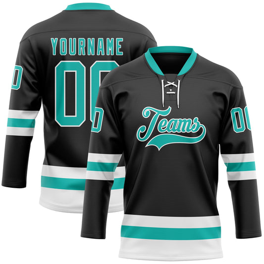 Custom Black Aqua-White Hockey Lace Neck Jersey - Main View
