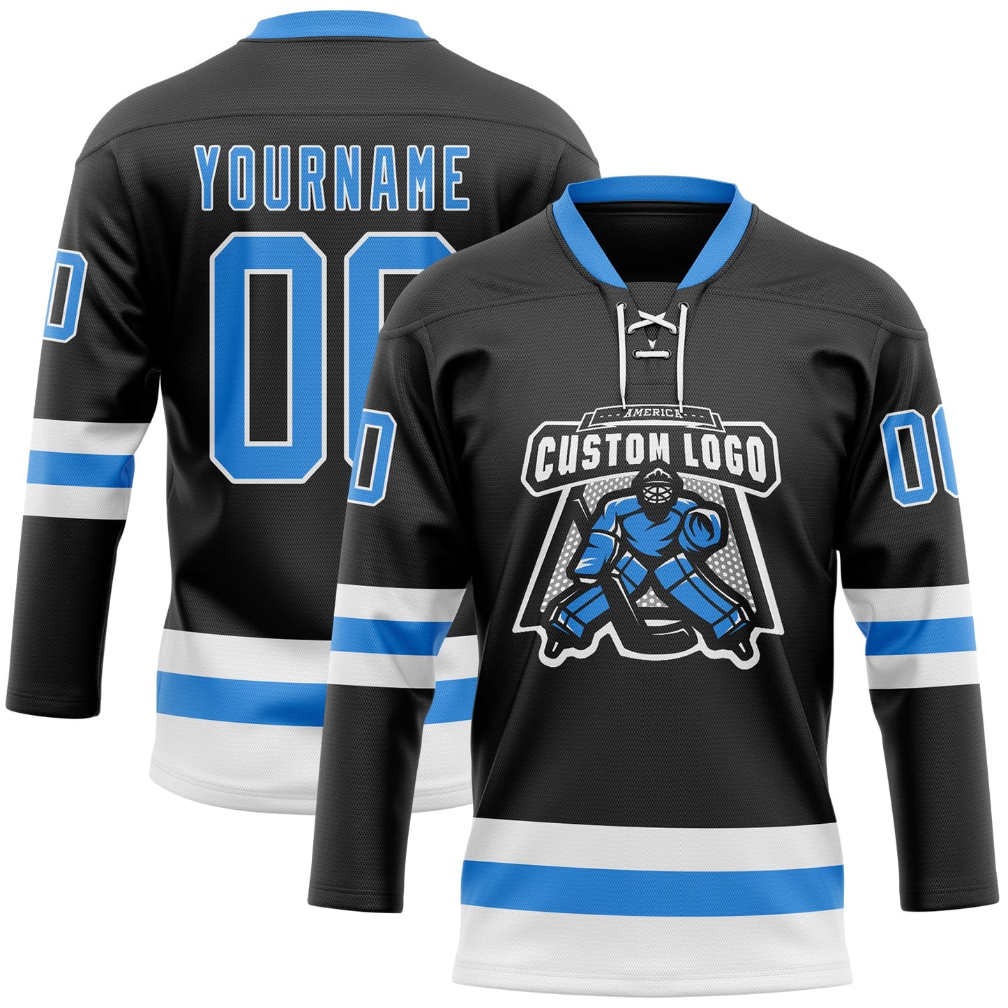 Custom Black Powder Blue-White Hockey Lace Neck Jersey view 2