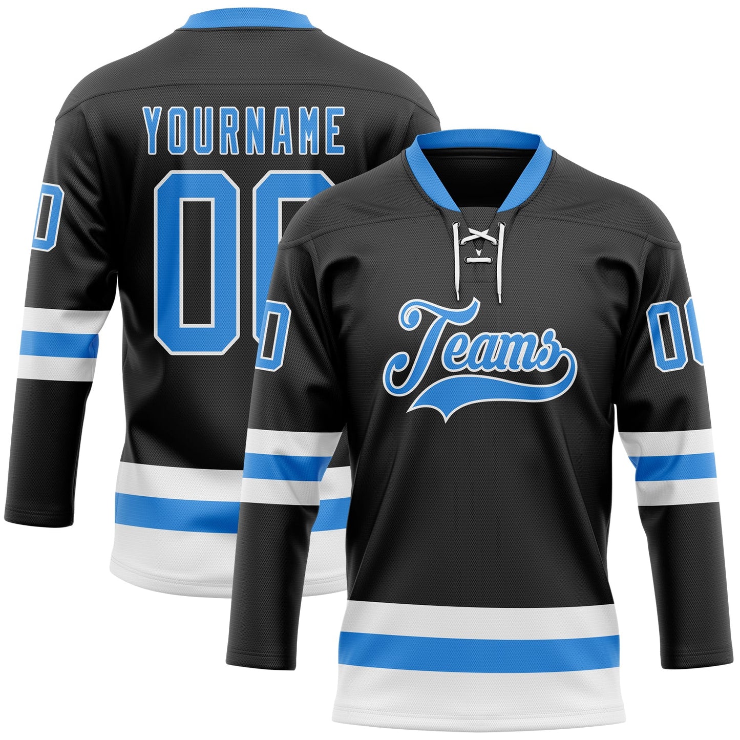 Custom Black Powder Blue-White Hockey Lace Neck Jersey - Main View
