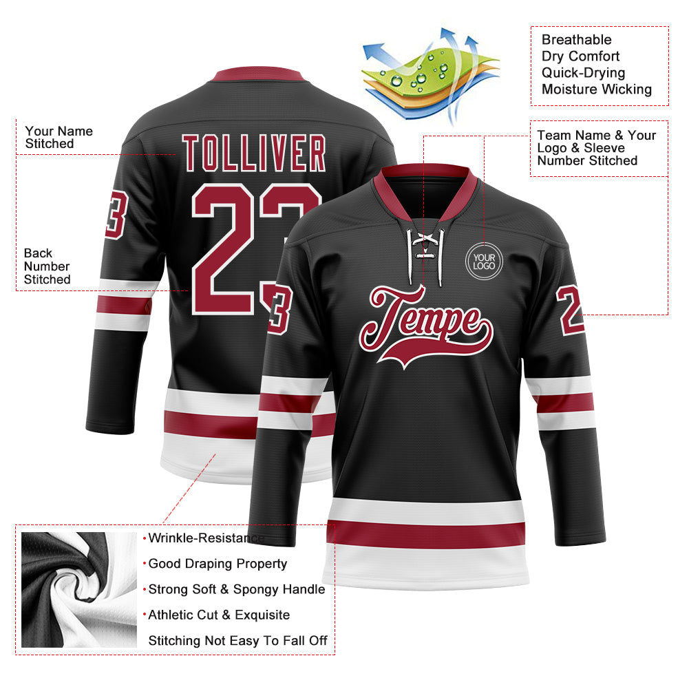 Custom Black Cardinal-White Hockey Lace Neck Jersey view 3