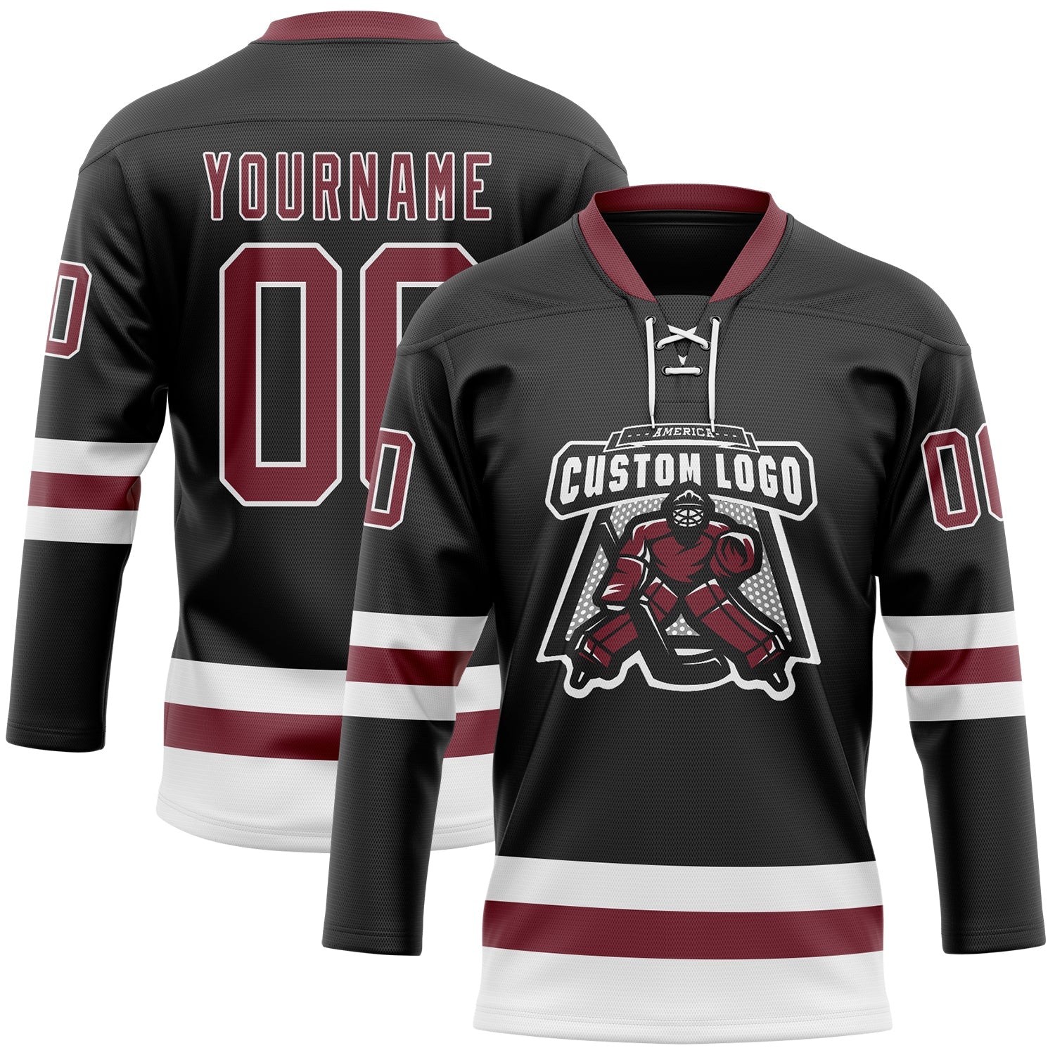Custom Black Burgundy-White Hockey Lace Neck Jersey view 2