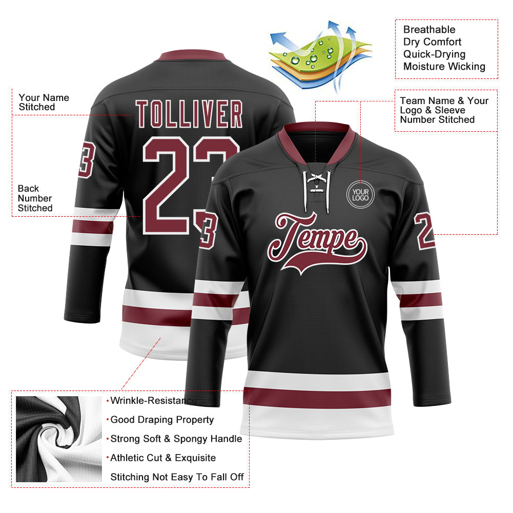 Custom Black Burgundy-White Hockey Lace Neck Jersey view 3