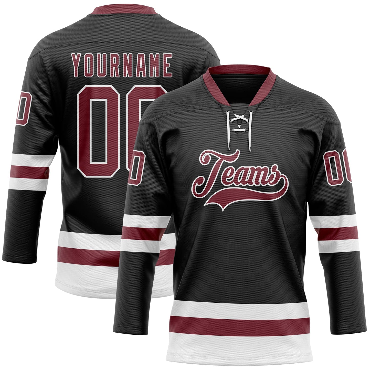 Custom Black Burgundy-White Hockey Lace Neck Jersey - Main View