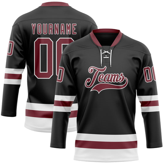 Custom Black Burgundy-White Hockey Lace Neck Jersey - Main View