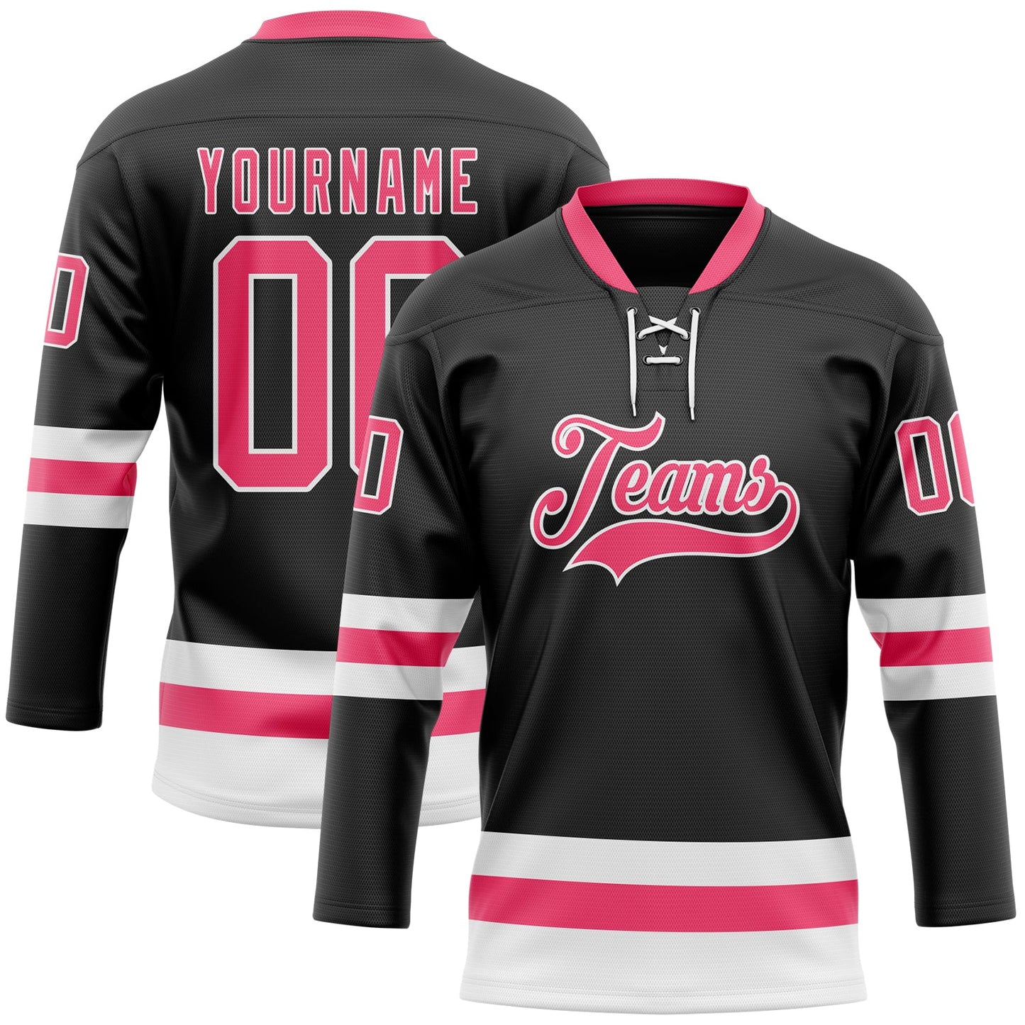 Custom Black Neon Pink-White Hockey Lace Neck Jersey - Main View