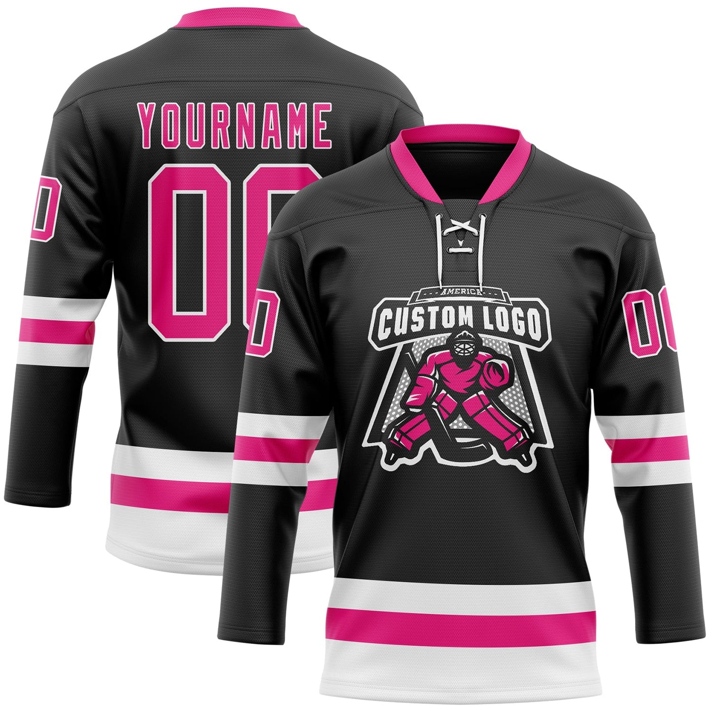 Custom Black Hot Pink-White Hockey Lace Neck Jersey view 2