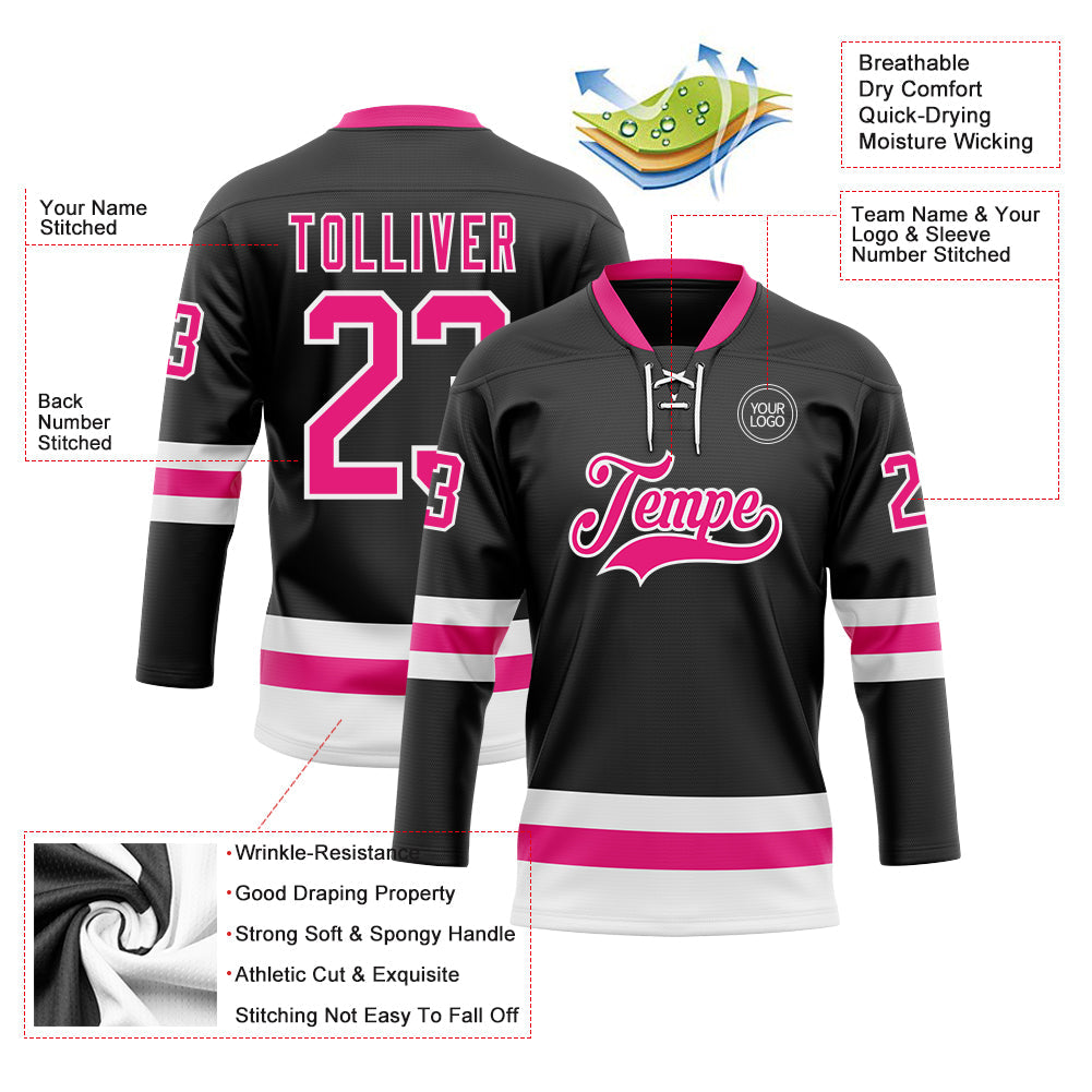 Custom Black Hot Pink-White Hockey Lace Neck Jersey view 3