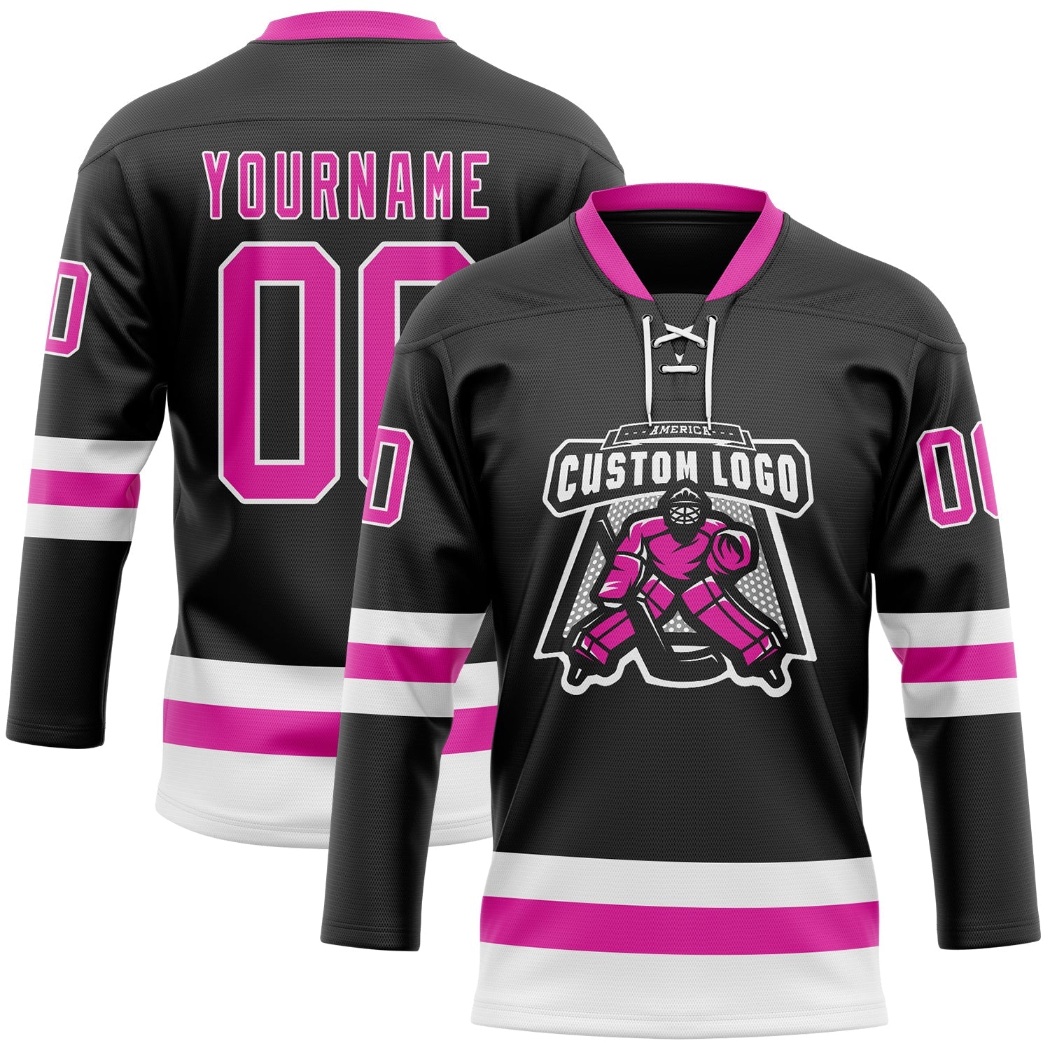Custom Black Deep Pink-White Hockey Lace Neck Jersey view 2